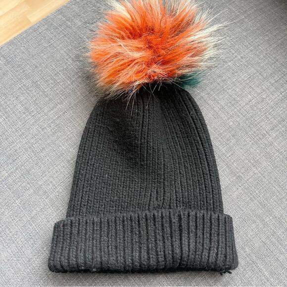 Anthropologie Black Knit Wool Blend Beanie with Multicolor Detachable Pom-Pom - Picture 1 of 4